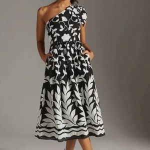 Anthropologie Maeve One Shoulder Embroidered Midi Dress, Size 0